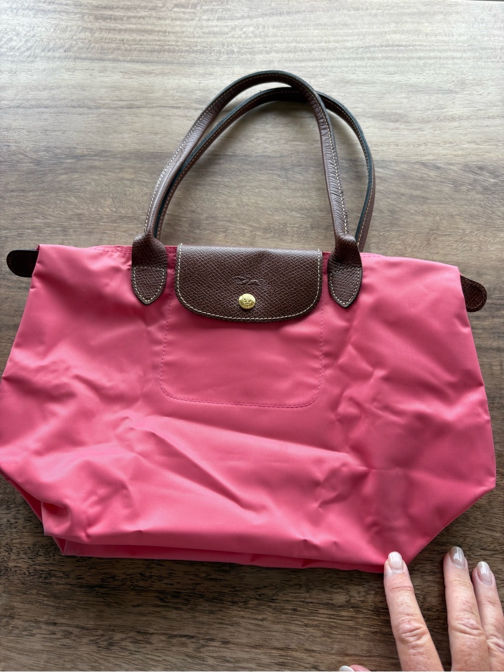 Longchamp Le Pliage Pink/Coral Nylon Tote with Brown Leather Trim - Picture 3 of 15